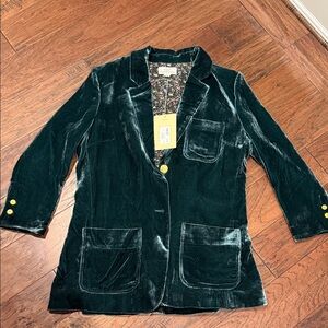 Trovata Deep Green Velvet Blazer with Gold Buttons